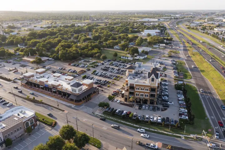 Aerial view of Old Town Station storefronts